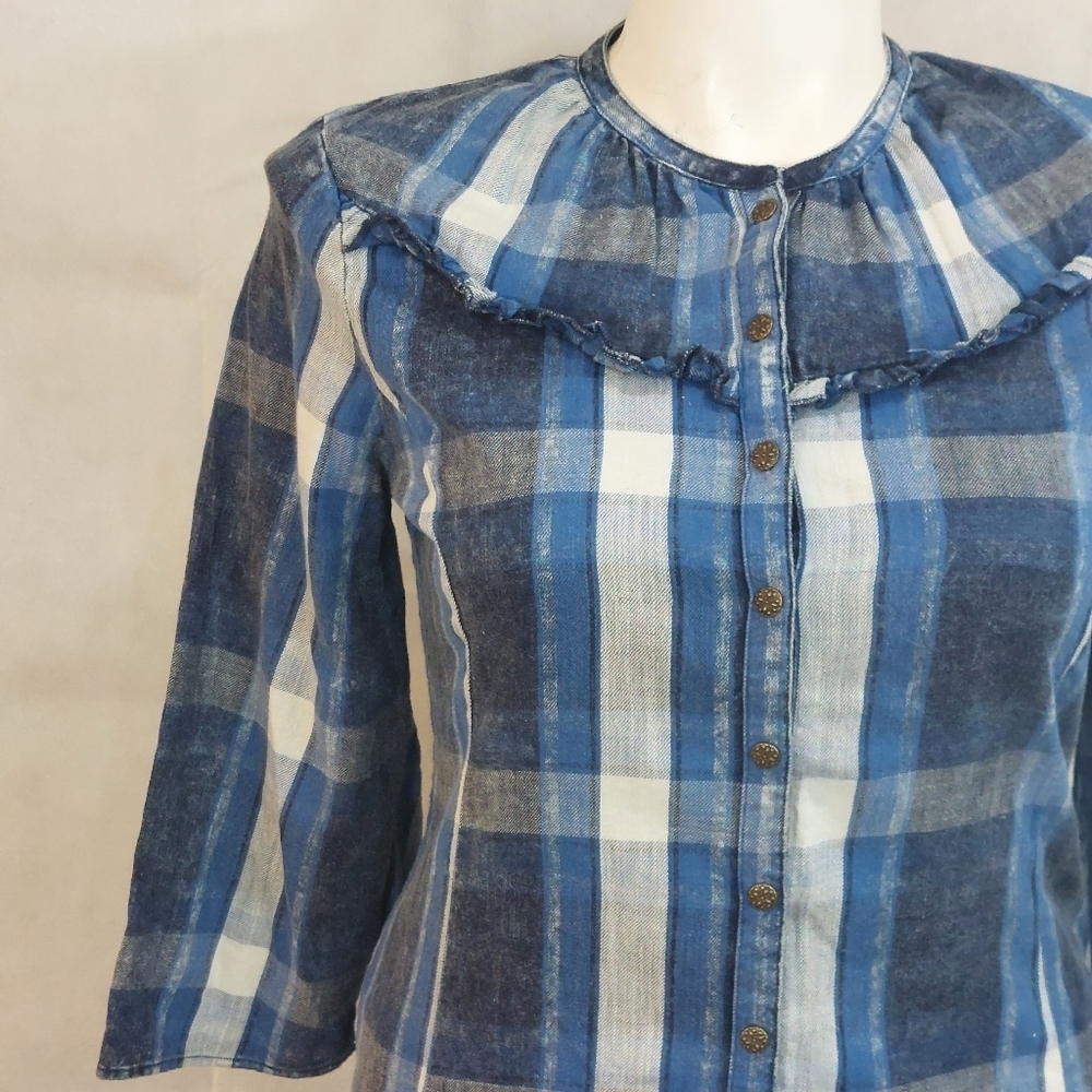Reba Blue Flannel Blouse Sz M Snap Button Front 100% Cotton - Picture 6 of 12